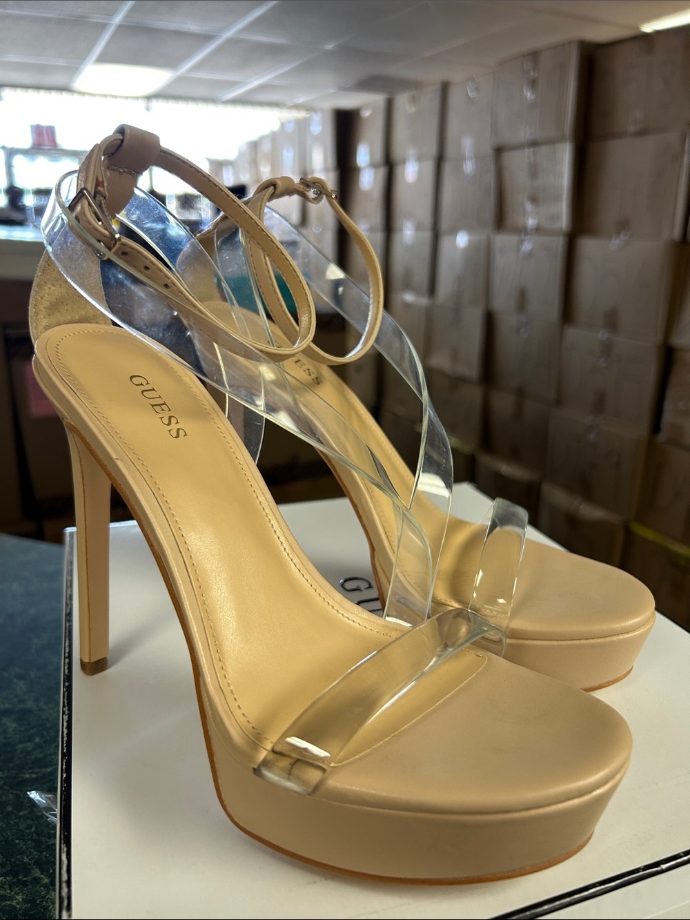 GUESS Sexy Beige Platform Sandals with Clear Straps